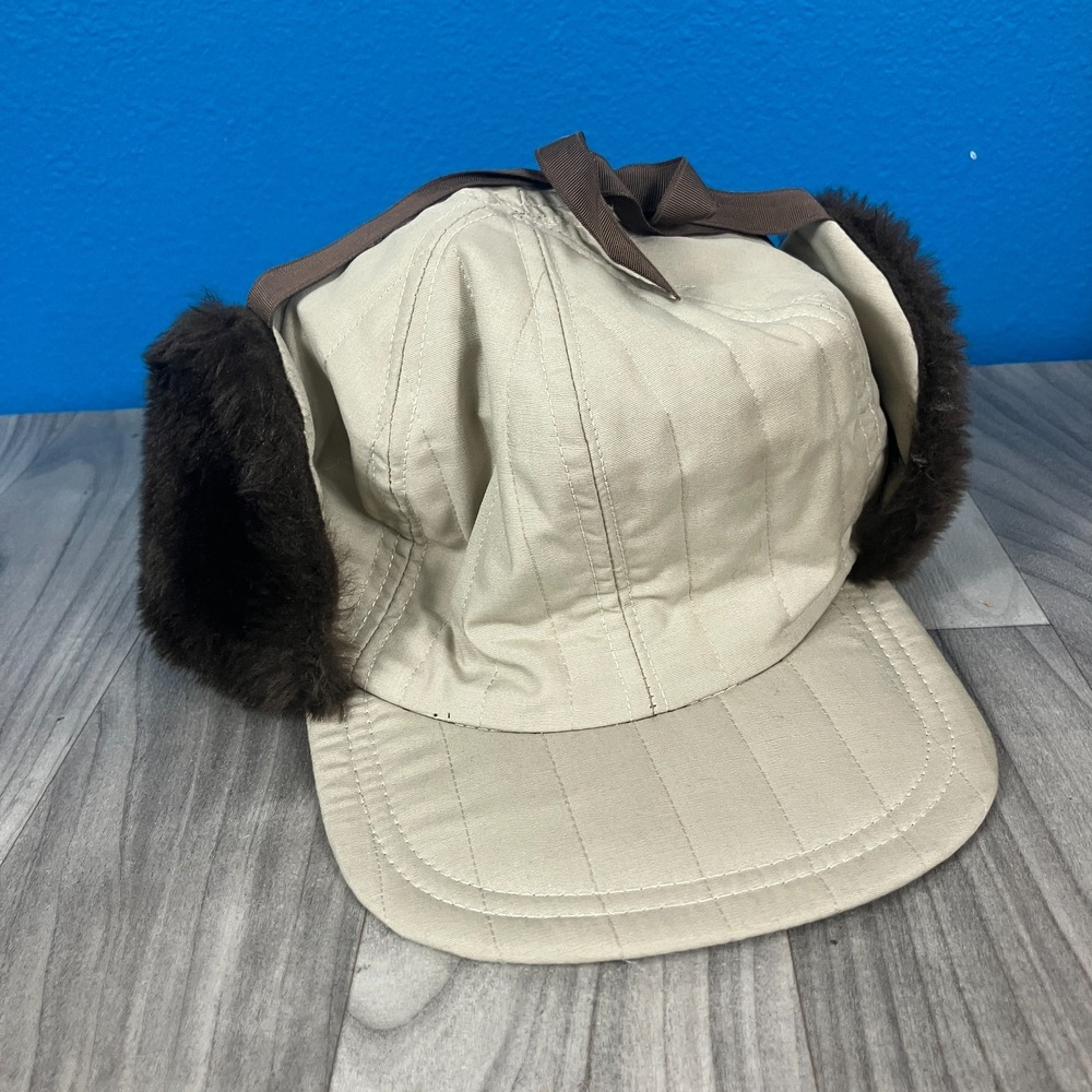 Vtg‎ Trapper Hunters Cap Hat Ear Flap Flannel Medium Tan American Outdoorman USA
